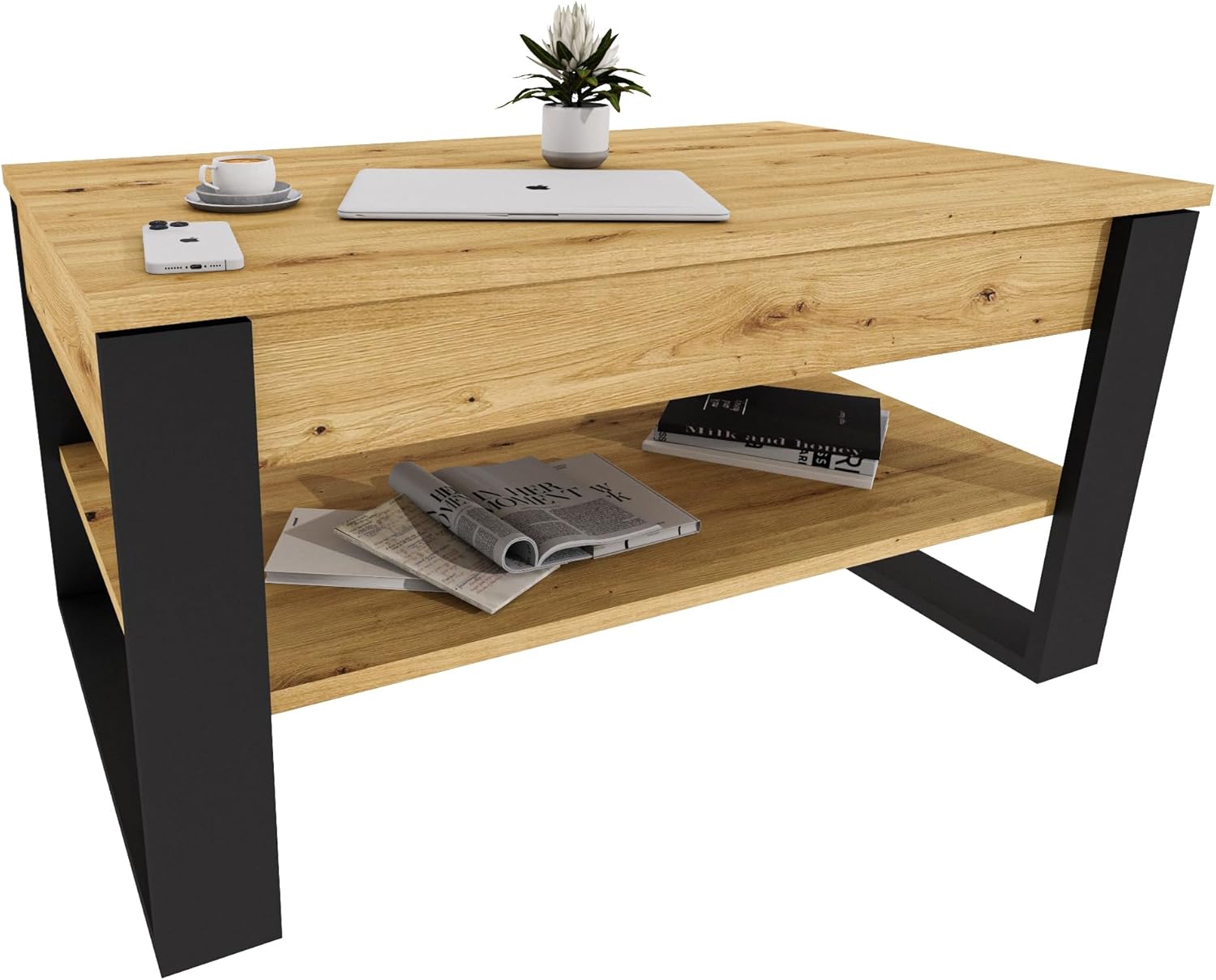 Couchtisch mit anhebbarer Platte | Höhenverstellbarer Wohnzimmertisch mit Stauraum | Sofatisch Eiche Artisan Schwarz modern mit Ablage & verstecktem Fach – Coffee Table für Wohnzimmer & Büro