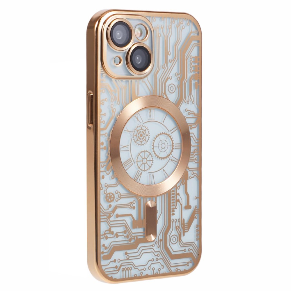 iPhone 15 MagSafe Gummi Case Hülle Galvanisierter Rahmen im Mechanischen Zahnrad Design   Kameraglasschutz - Gold