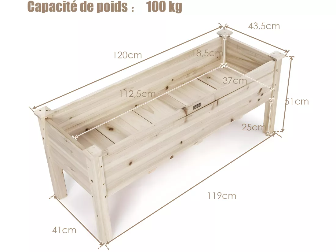 Jardinière Surélevée en Bois, Carré Potager sur Pied avec 5 Trous de Drainage, Jusqu’à 100KG,120x 43,5 x 51CM,Naturel