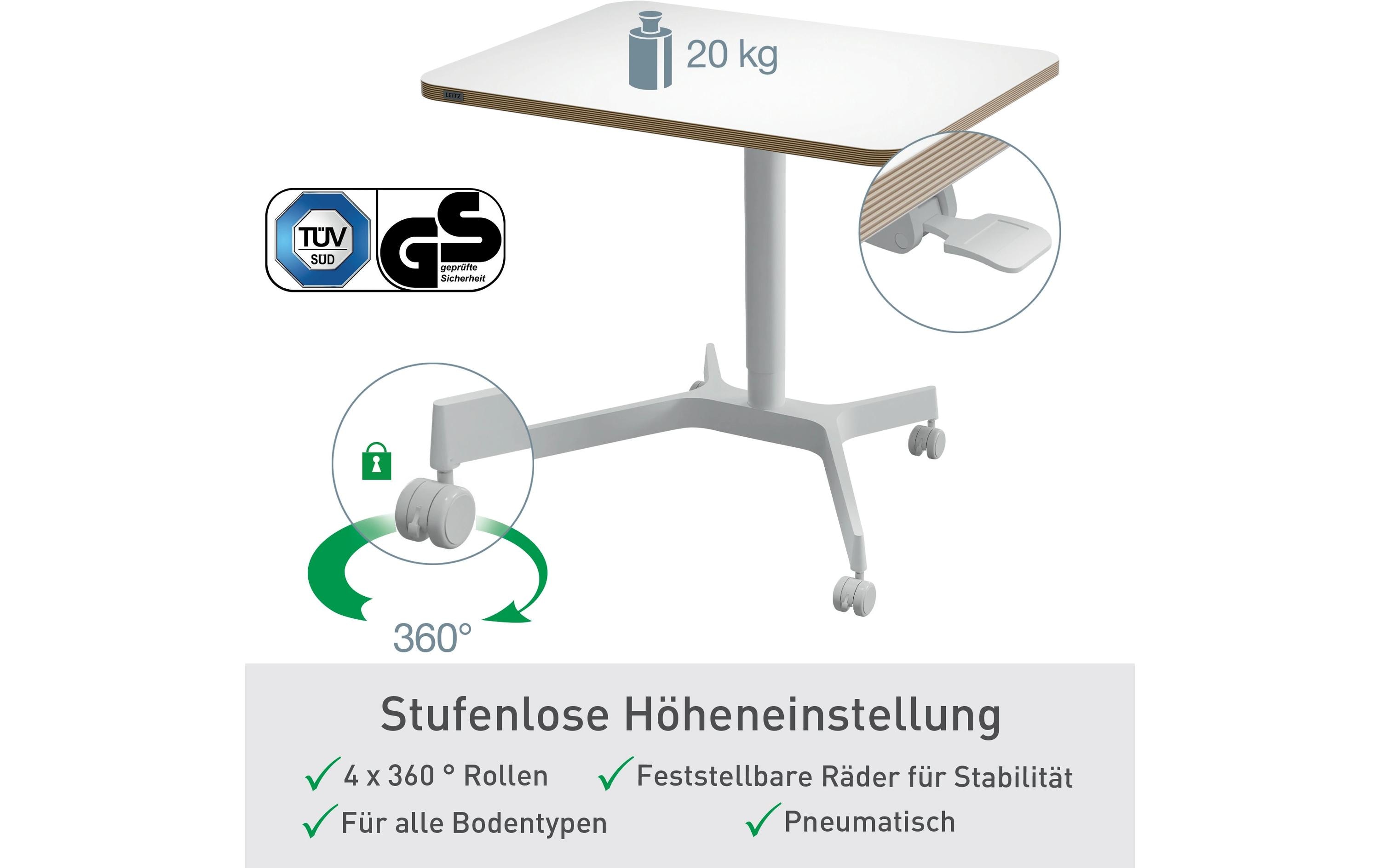 Ergo, höhenverstallbarer Sitz-/Steh-Schreibtisch Weiss<br>Pneumatisch höhenverstellbarer Schreibtisch mit Rollen