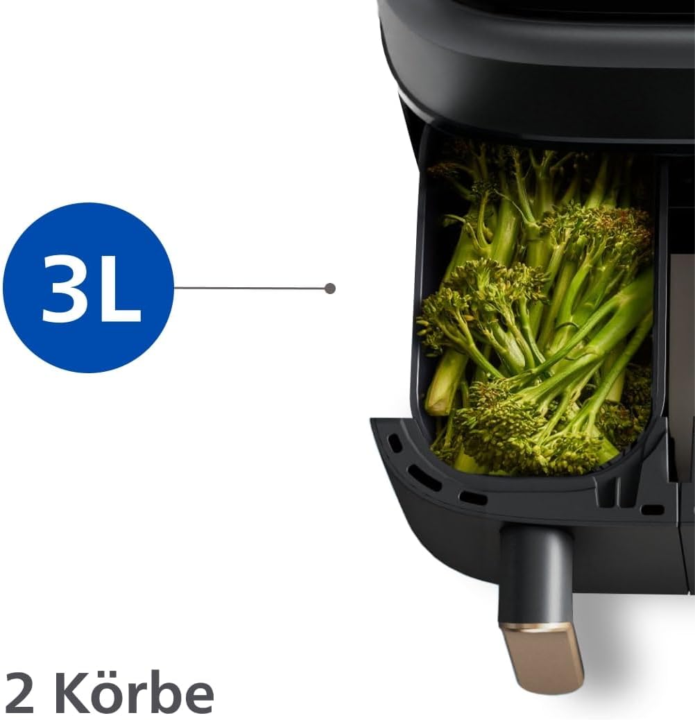 Philips Airfryer Dual Basket 3000 Series Heißluftfritteuse, 9L, 2 Körbe, 2 Gerichte gleichzeitig, RapidAir Plus Technologie, 90% weniger Fett, Energieeffizient, HomeID App (NA352/00)