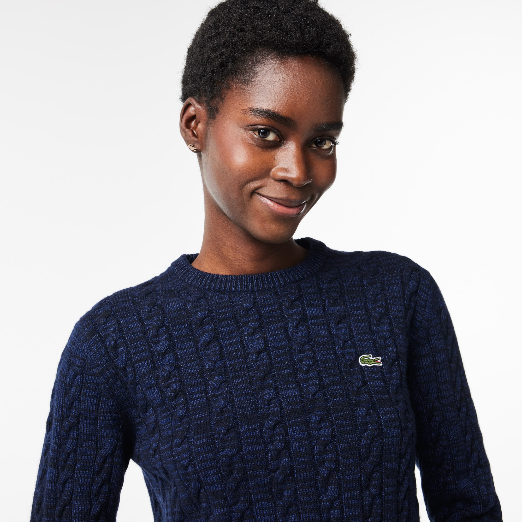 Pull à torsades moulinées en laine et coton Pullovers - Bleu - Lacoste - Femme