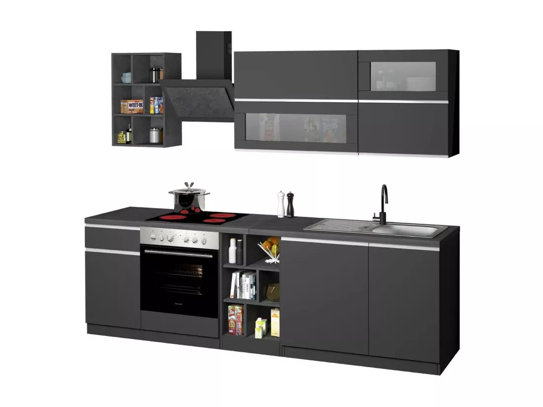 Cuisine complète Dcastill, Ensemble avec garde-manger, Meuble de kitchenette, Kit bloc linéaire, 100% Made in Italy, 255x60h85 cm, Anthracite et Ardoise