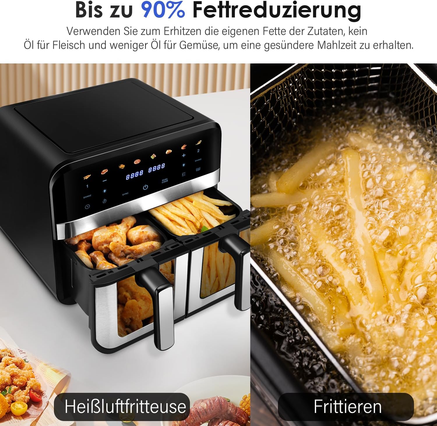 Dual Zone Heißluftfritteuse, XXL 9L Rapid AirFryer, 2 Fächer, 8 Programme, 80°C- 200°C, 2400W, Heißluftfritteusen ohne Öl, Grillen, Backen, Braten, Spülmaschinenfest, Antihaftbeschichtung