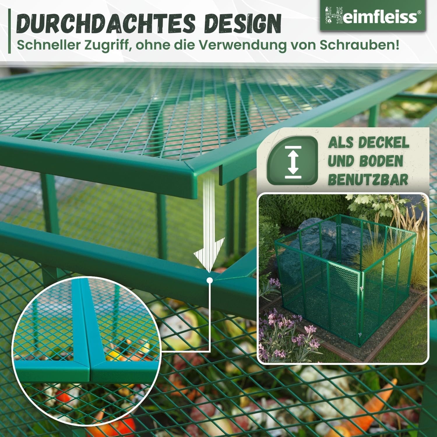 Heimfleiss® Komposter Garten Metall 100x100x75 cm + Deckel & Boden | 750L Metallkomposter verzinkt & pulverbeschichtet | Komposter Metall für Rasenschnitt & Biomüll | Gartenkomposter mit Stecksystem