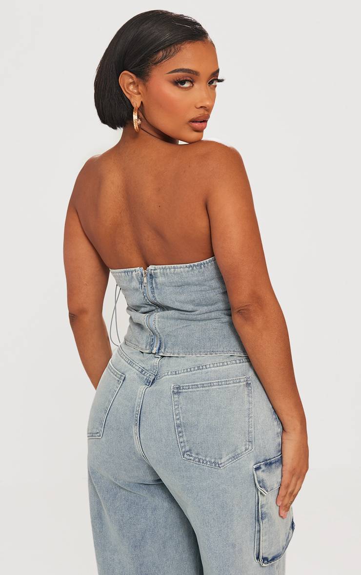 Light Blue Wash Corset En Denim Délavé À Laçage Devant Shape