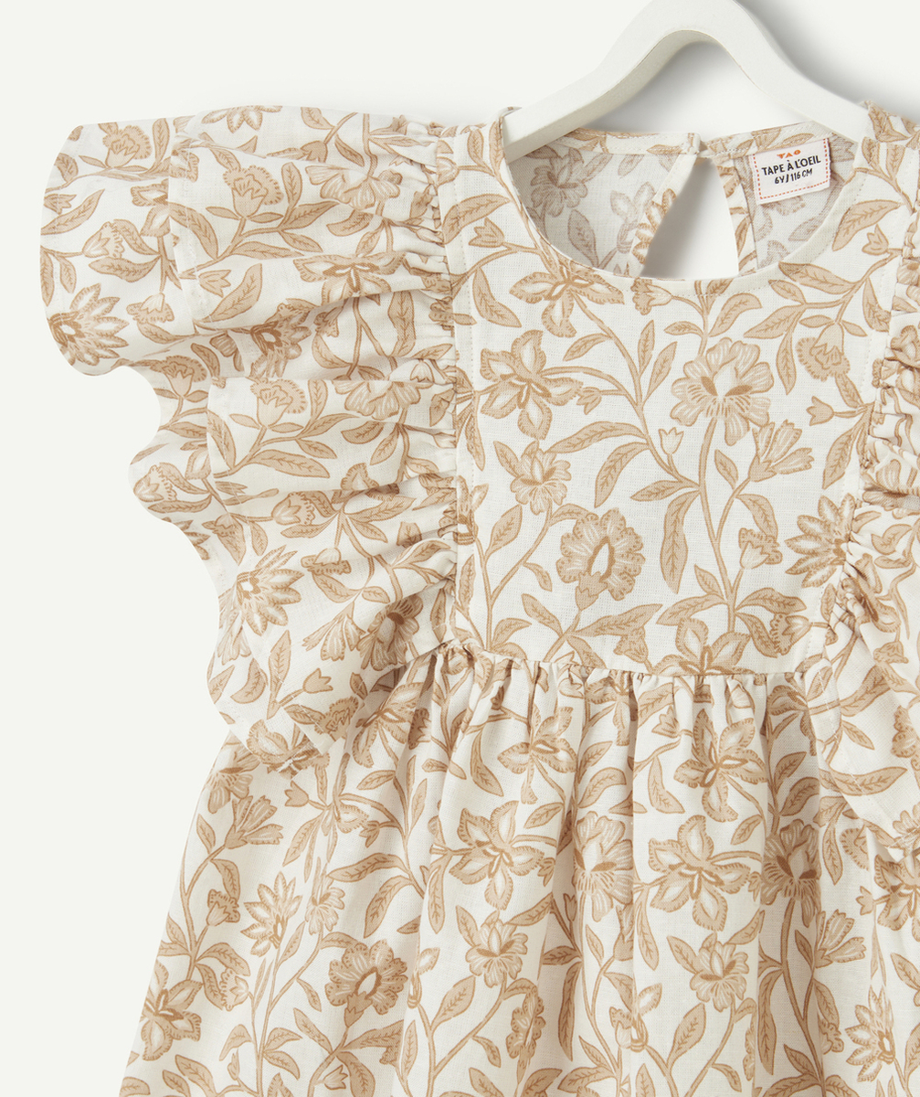 ROBE FILLE BLANCHE IMPRIMÉ FLEURI MARRON AVEC FRONCES ET VOLANTS