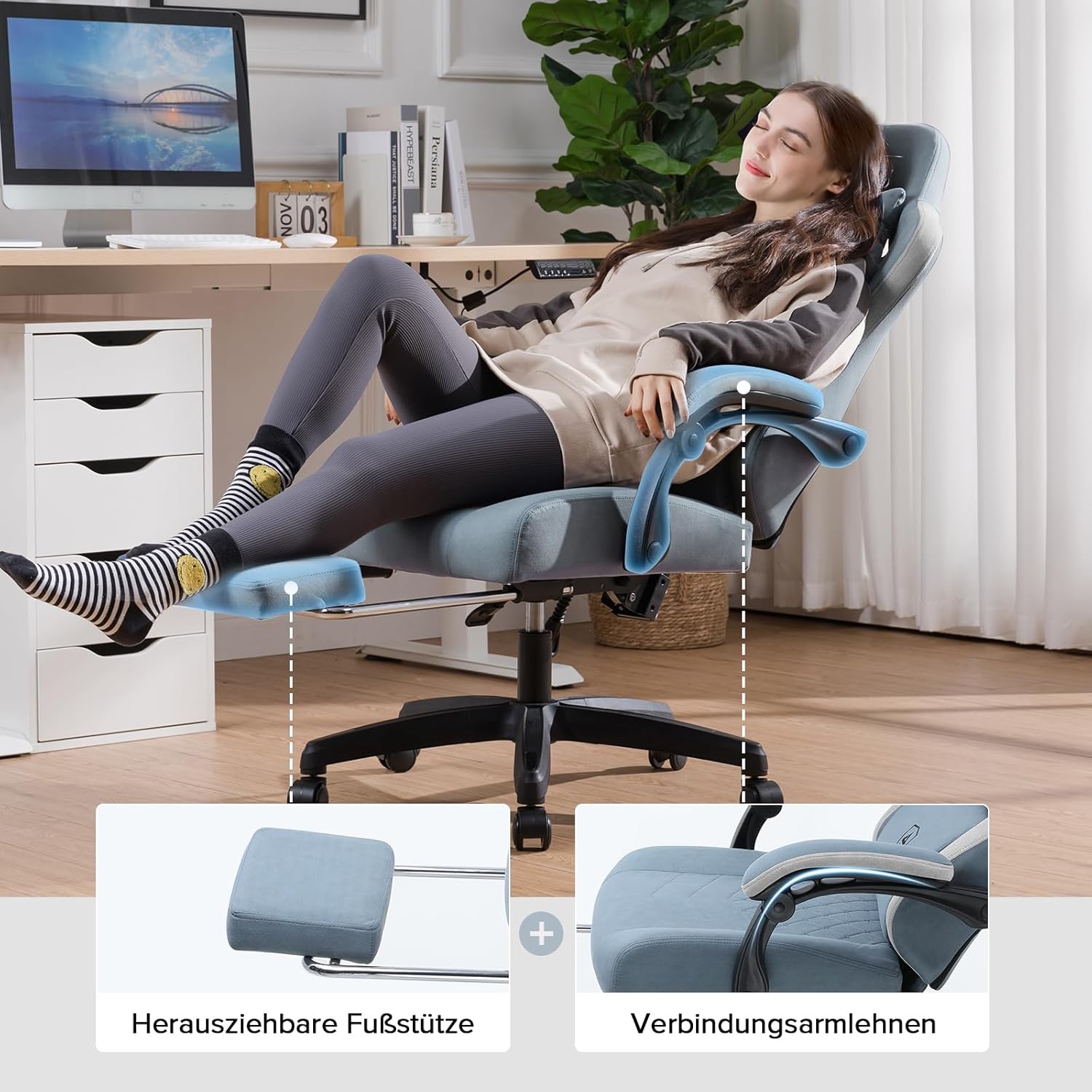 GTPLAYER Gaming Stuhl Ergonomischer Gaming Sessel Schreibtischstuhl mit Stoffoberfläche, Federsitzkissen, Verbindungsarmlehnen und Fußstütze Hellblau