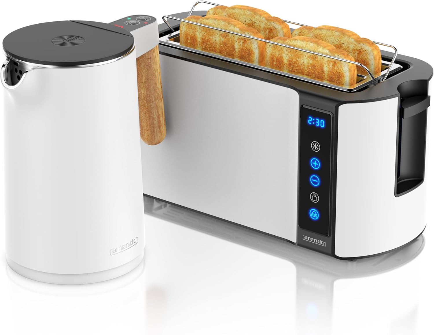 Arendo - Wasserkocher Toaster SET - Edelstahl - Wasserkocher mit Temrpatureinstellung - 45-100 Grad - Warmhaltefunktion - Toaster 4 Scheiben mit Touch Display - mit Brötchaufsatz - Weiß Matt