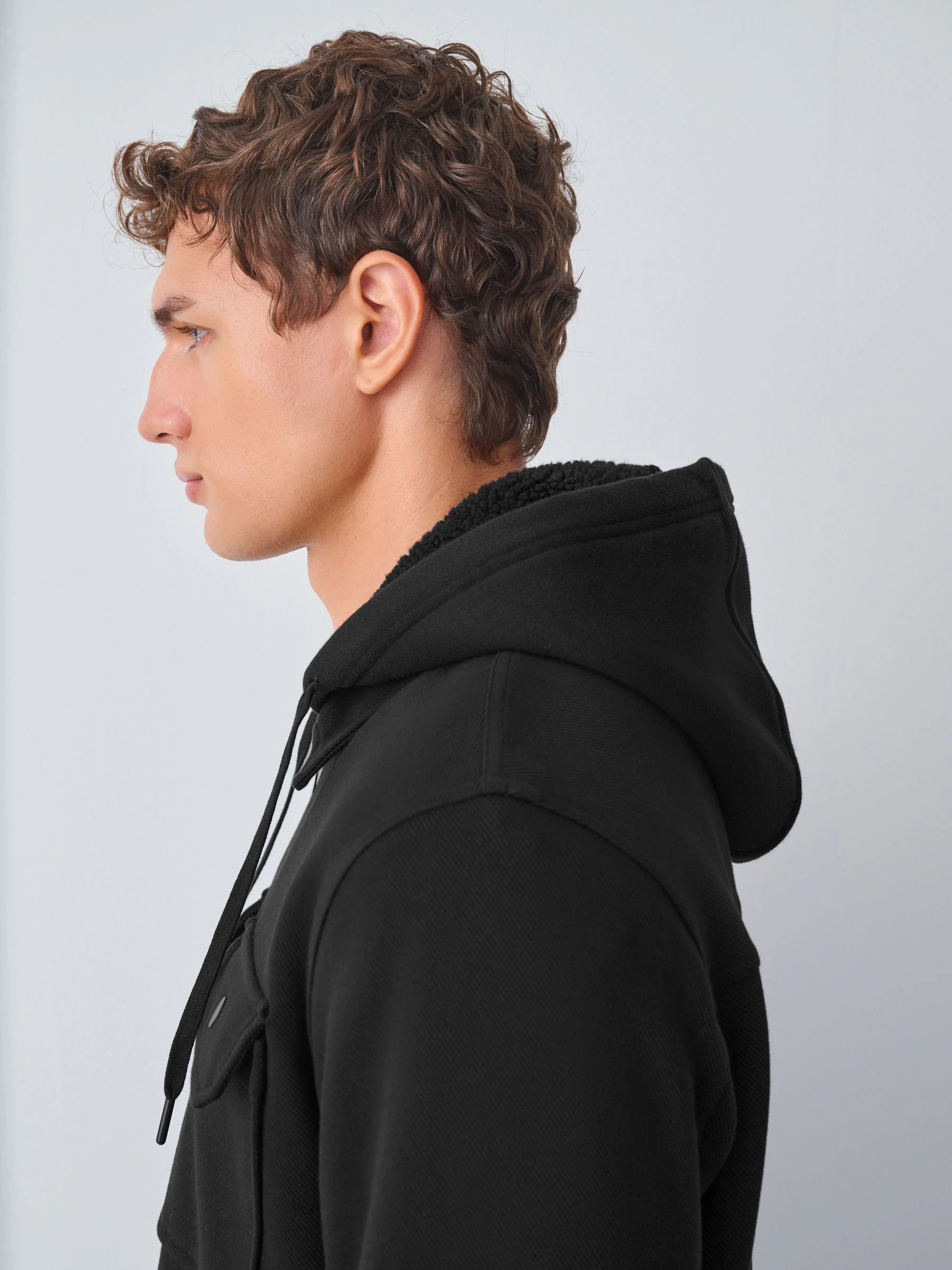 Zwart - Mat capuchon - Borg overshirt met fleecevoering