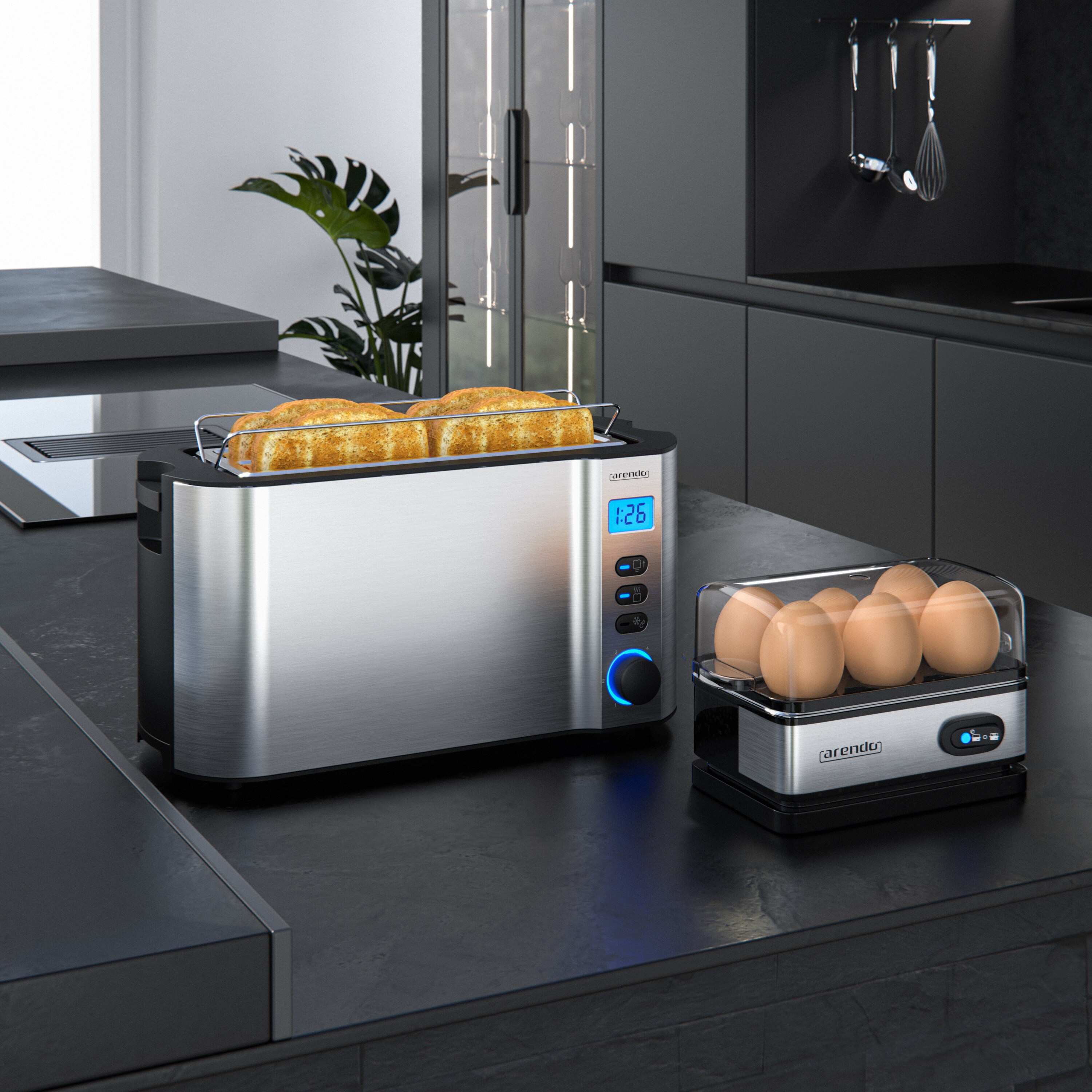 Arendo 2-teiliges Frühstücksset, Langschlitz 4-Scheiben Toaster MANHA, 6er Eierkocher, Silber