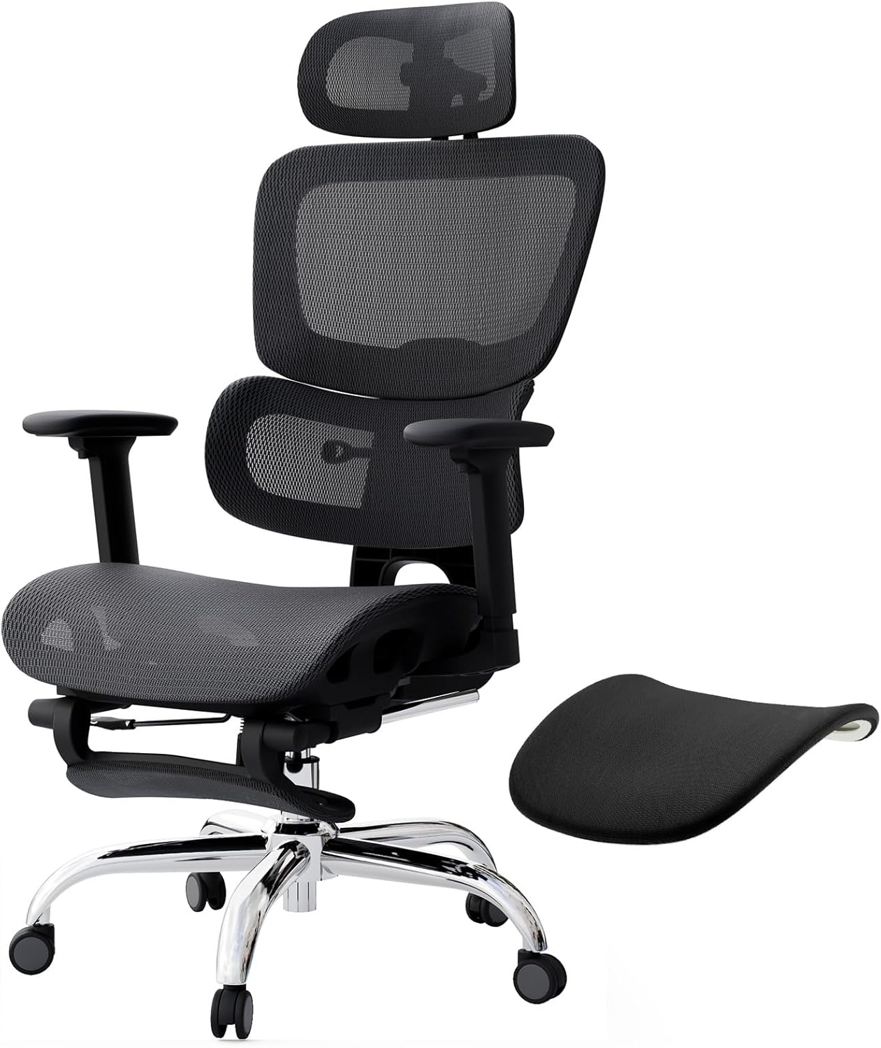 Ergonomischer Bürostuhl Voll-Mesh mit Abnehmbarem Kissen, Fußstütze, Höhenverstellbarem Rückenlehne, Kopfstütze & Armlehnen, Selbstanpassende Lendenstütze, PU-Rollen, 360° Drehbar, 150 kg , Schwarz KH8388908