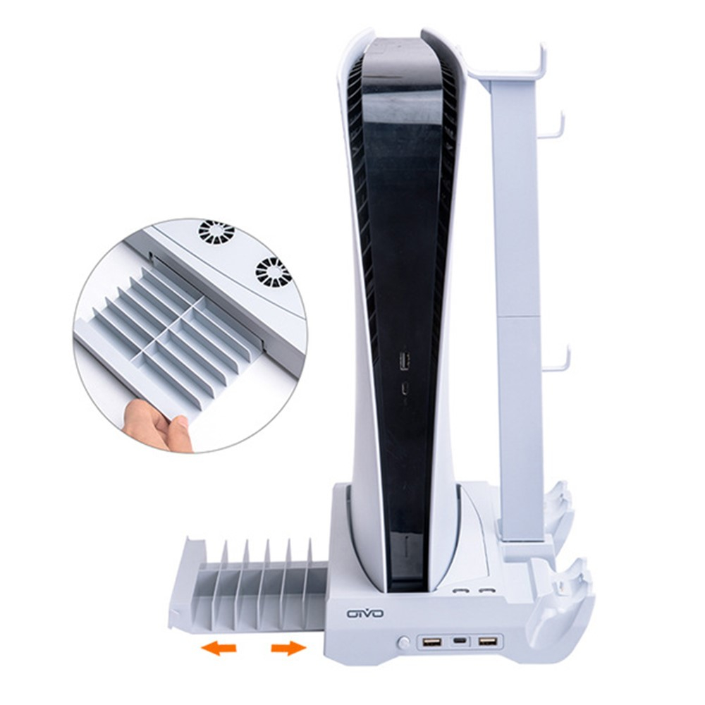 Sony PlayStation PS5 Halterung mit aktivem Lüfter und Controller Dual Ladestation   USB C / 2x USB A und Disk Ständer / Headset Halterung - Weiss