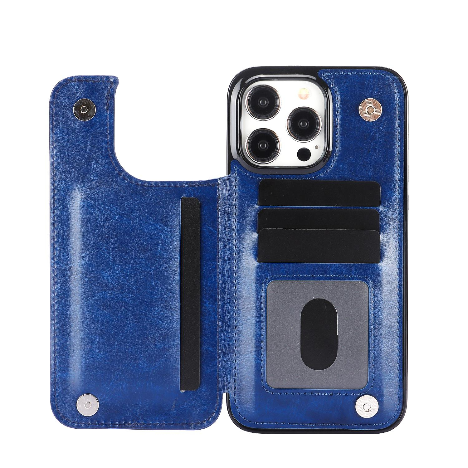 iPhone 15 Pro Hybrid Leder Hülle mit Kartenfach   Kickstand Aufsteller - Blau