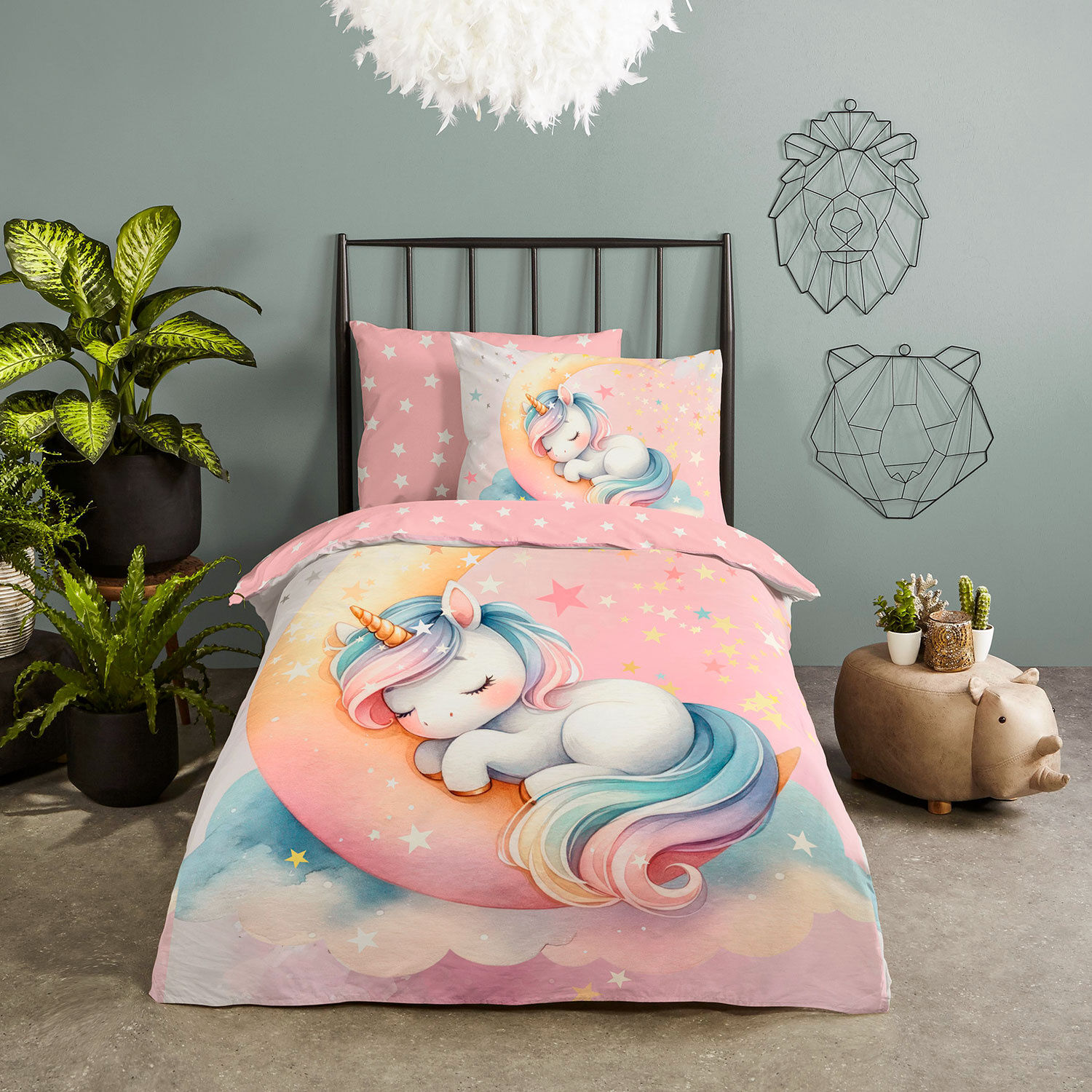 Bettwäsche mit Einhorn auf Mondsichel
