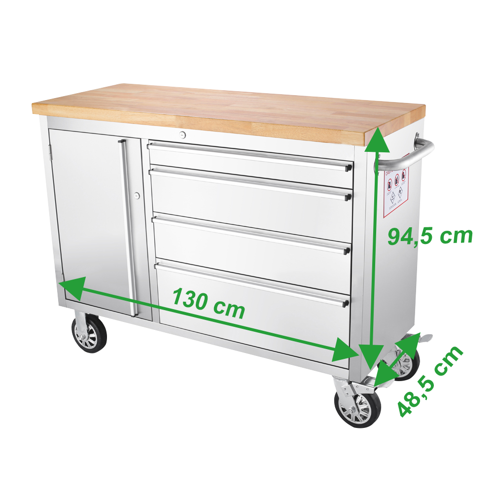Ondis24 werkplaatswagen roestvrij staal 130 cm met 4 laden