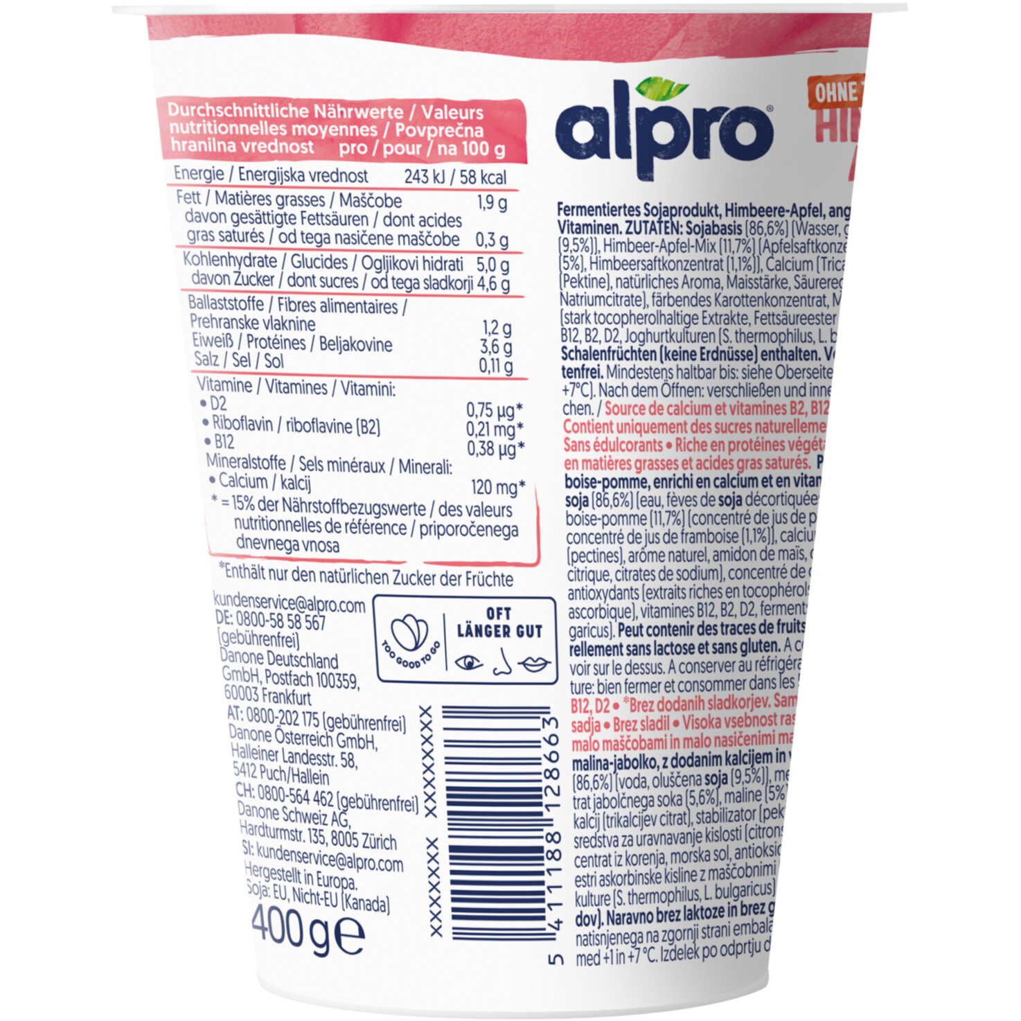 Alpro Soja-Joghurtalternative Himbeere-Apfel ohne Zuckerzusatz
