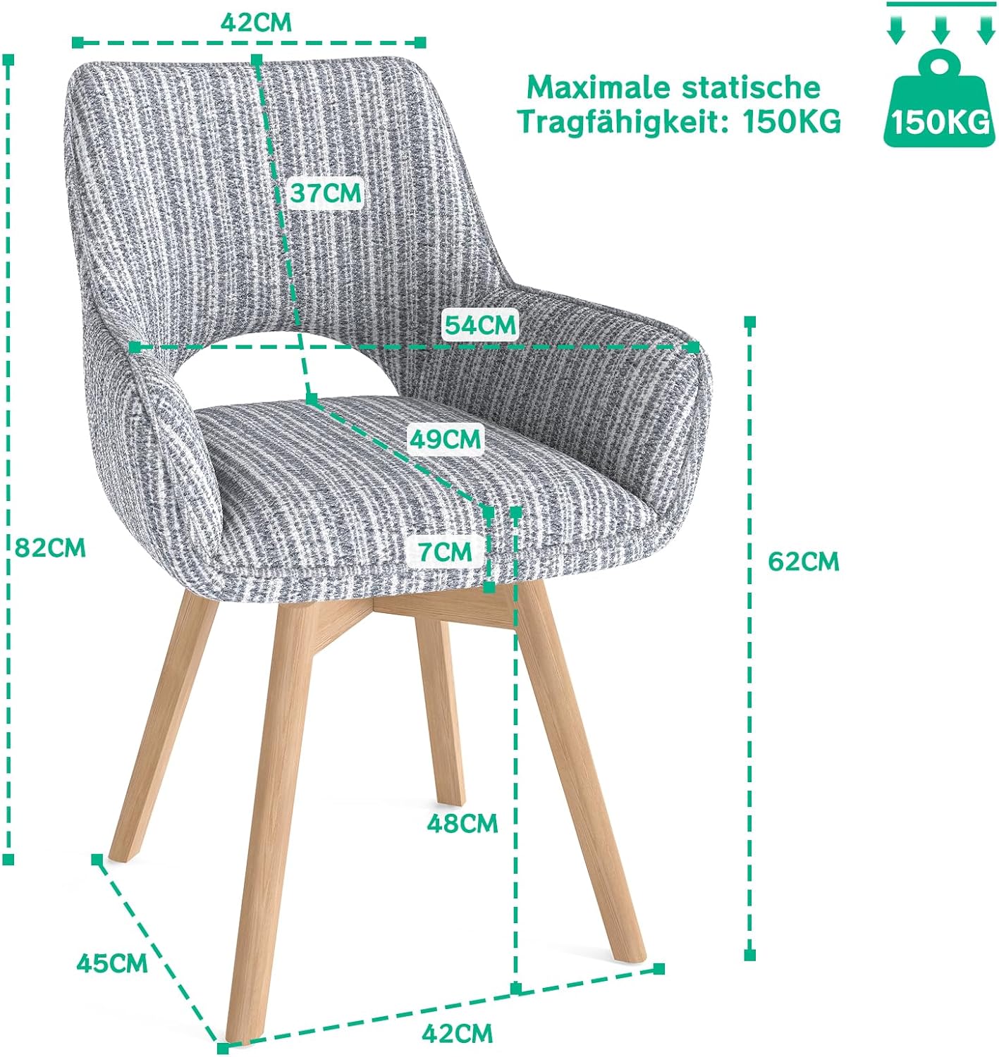 2er Set Esszimmerstuhl Drehbar mit Armlehne und Holzbeinen, 360° Drehbar, Moderner Polsterstuhl mit Stoffrückenlehne für Küche, Wohnzimmer, Schlafzimmer, Hellgrau