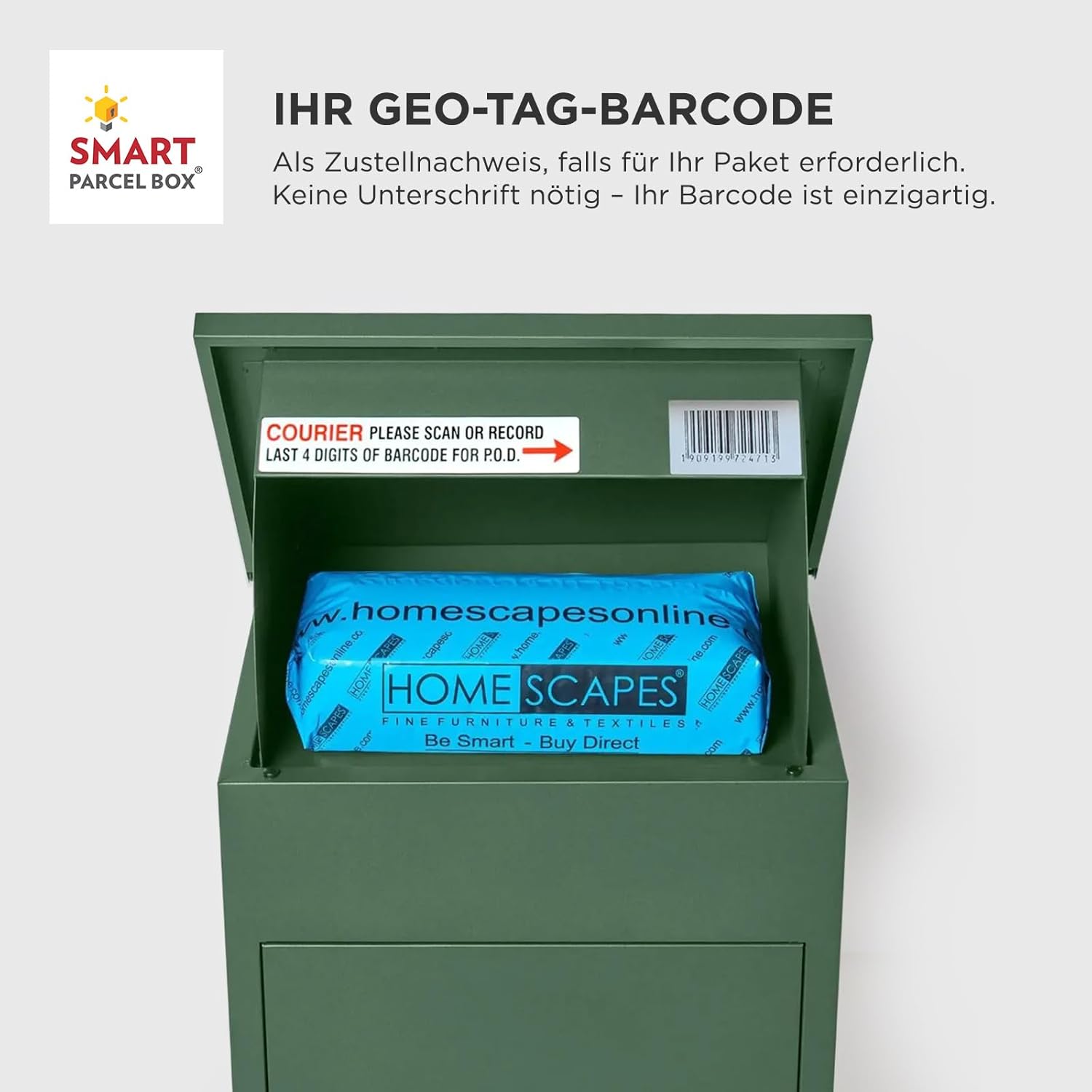 SMART PARCEL BOX Paketbox, Paketbriefkasten Wandmontage, Briefkasten mit Paketfach, Postbox für Pakete Outdoor mittelgroß, Paketkasten rostfrei verzinkter Stahl, 3 Schlüssel, 44x35x58 cm, grün