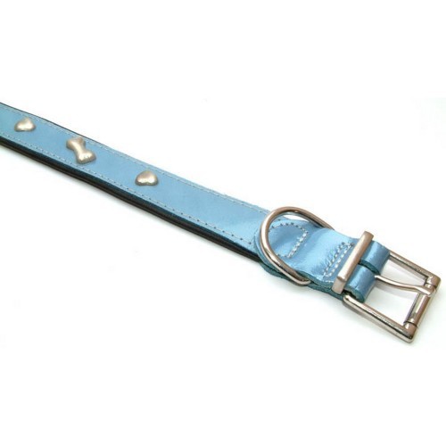 Coleira de couro com desenho de osso para cães, azul claro