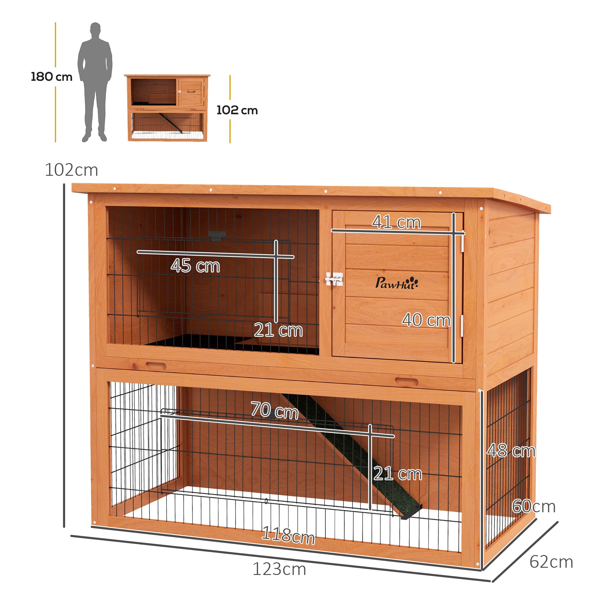 PawHut Kaninchenstall mit Rampe orange 123L x 62B x 102H cm