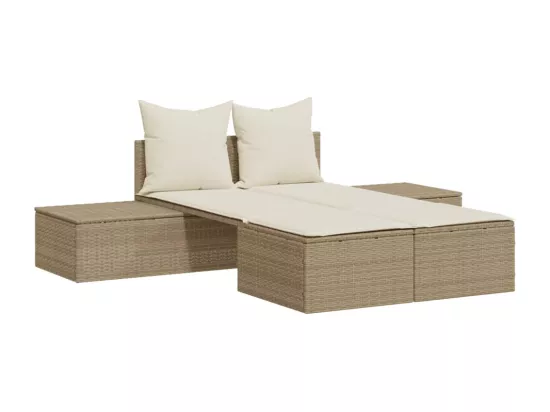 Chaise longue double avec coussins beige résine tressée