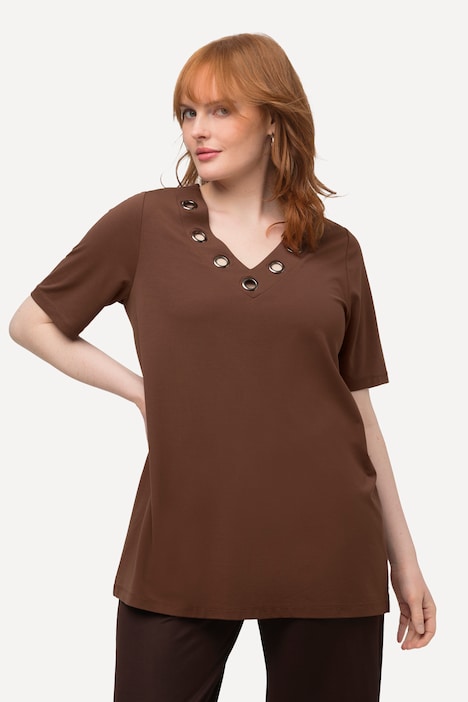 T-Shirt, Zierösen, Oversized, V-Ausschnitt, Halbarm