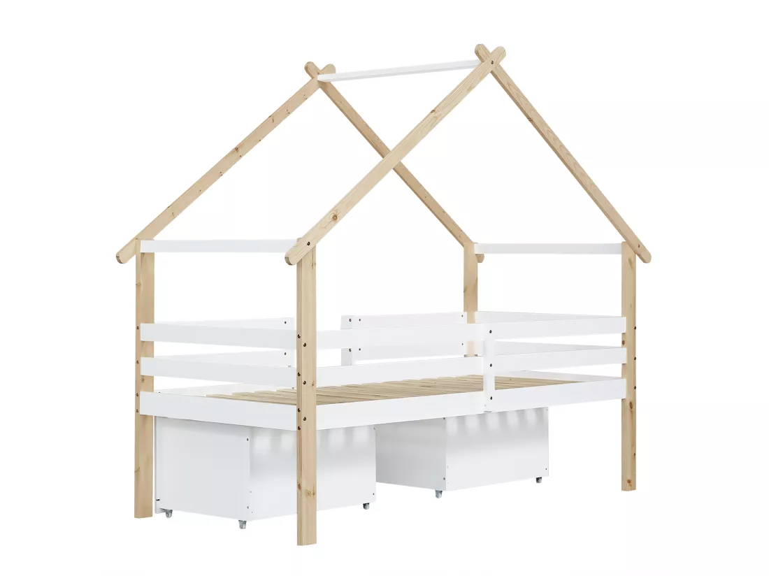 Lit mezzanine en bois 90x200cm - avec 2 tiroirs de rangement - bois massif + MDF - Blanc + Naturel