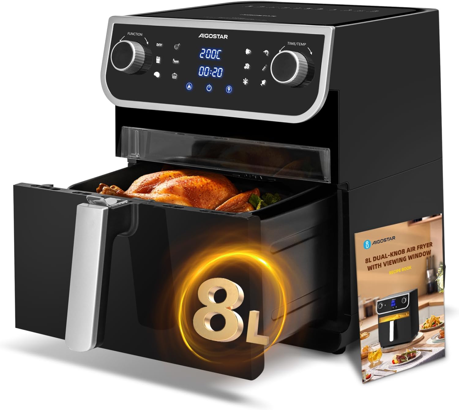 Aigostar Luftfritteuse ohne Öl, Sichtfenster, XXL-Fritteuse, Fassungsvermögen 8 l, 1700 W, großes LED-Touch-Display, 12 voreingestellte Funktionen + manuell, doppelte Verwendung: mit Korb oder