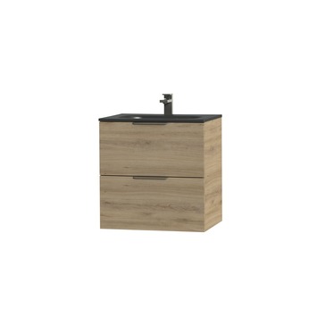 Tiger Studio badkamermeubel 60 cm chalet eiken met wastafel polybeton mat zwart greep rvs plat