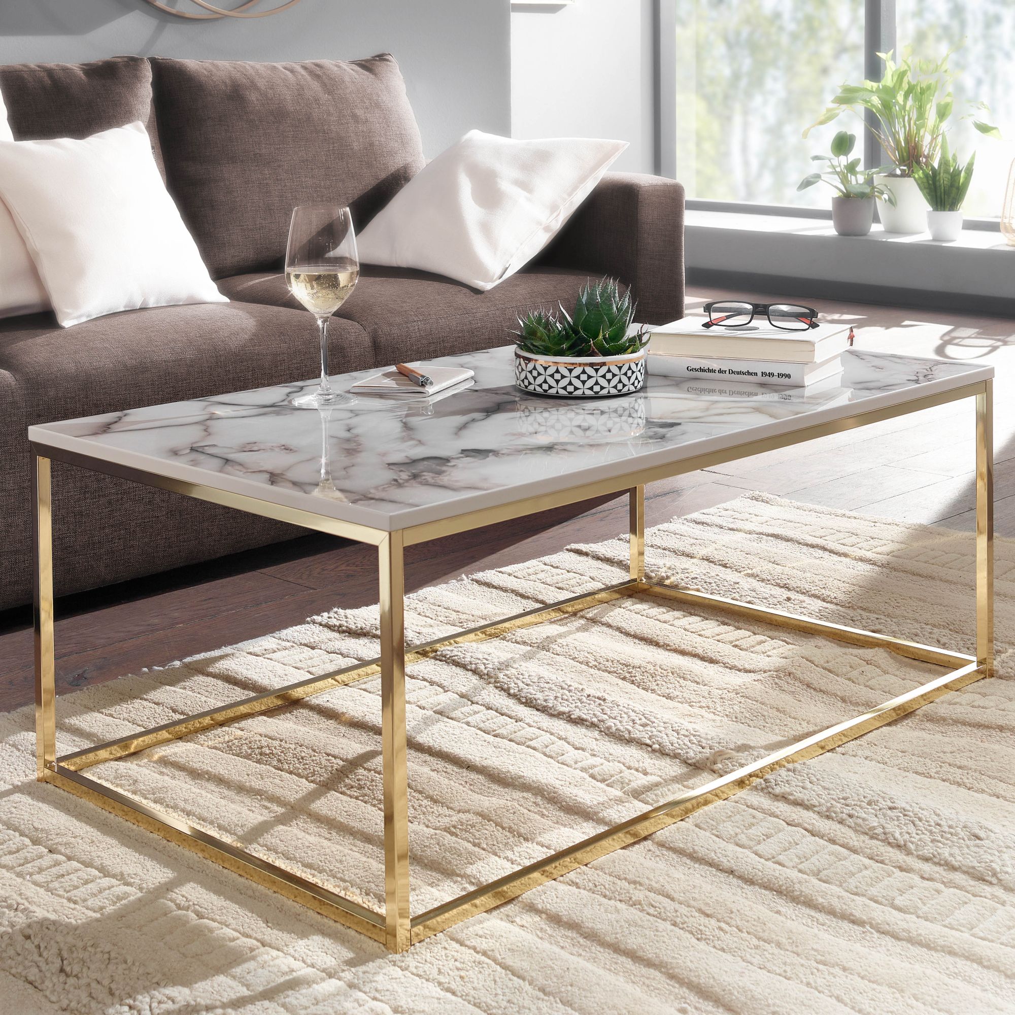 KADIMA DESIGN Couchtisch in Marmor-Optik mit Metallbeine, rechteckig, 100x60x40 cm - Serie MARBRIX