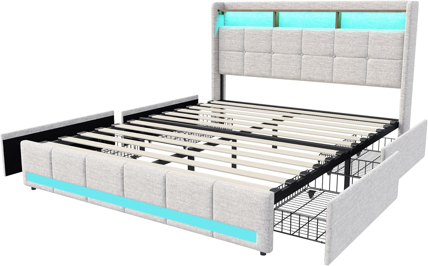 Doppelbett, gepolstert, 140 x 200 cm, Polsterbett mit 4 Schubladen, Boxbett mit Stauraum und Lattenrost, Kopfteil mit LED und USB, Bettgestell für Erwachsene, Jugendliche, Leinen (Beige, 140 x 200 cm)