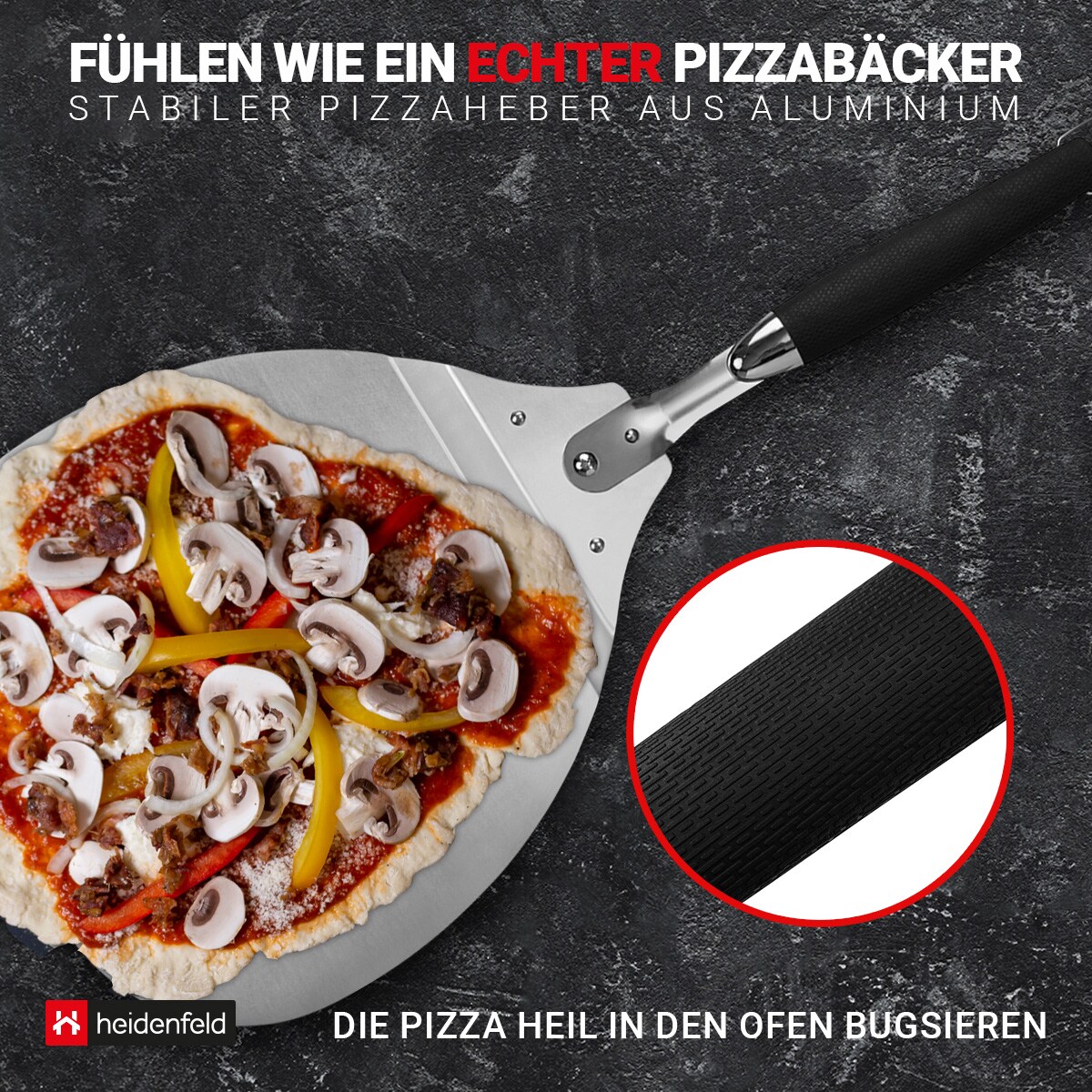 Heidenfeld Pizzaschieber Pompeji, klappbar, Aluminium + Gummi, Pizzaschaufel mit TPR-Griff