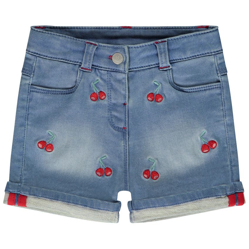 Short en denim avec broderies cerises pour bébé fille - Bleu