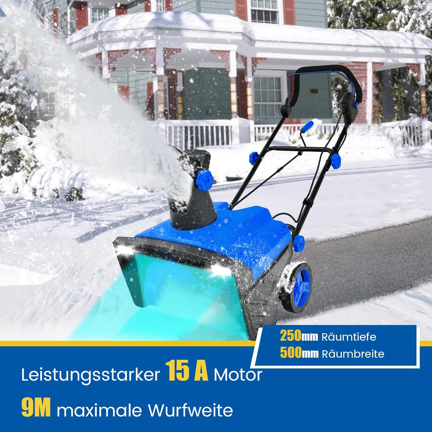 GOPLUS Elektrische Schneefräse mit LED-Scheinwerfern, 180° drehbarem Auswurfkanal, 50 cm Arbeitsbreite, 25 cm Arbeitshöhe, 9 m Auswurfweite, Schneeschieber mit Motor, für Auffahrt & Terrasse (Blau)