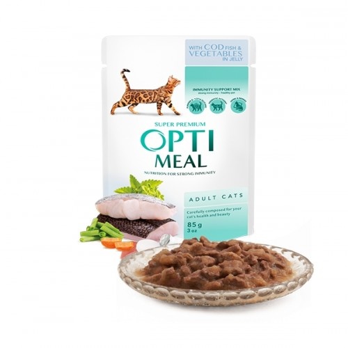 Alimento úmido Optimeal para gatos, sabor Bacalhau e Vegetais em gelatina.