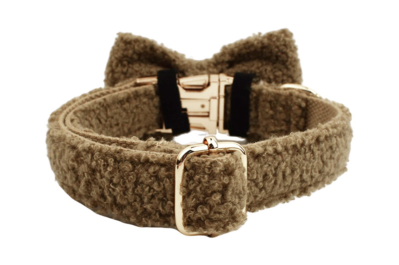(Gr. S) Hunde Plüsch Fliege Verstellbares Halsband mit Schleife   Abnehmbarer Leine - Braun