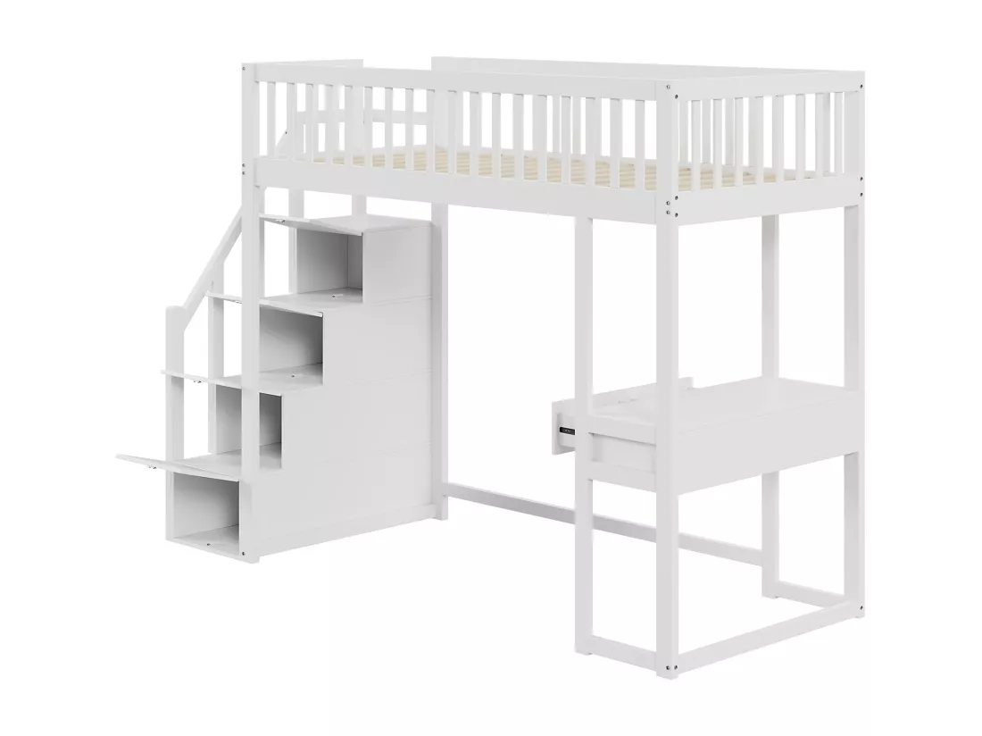 Lit mezzanine 90 x 200 cm avec avec bureau & 6 tiroirs - bois MDF - blanc (sans matelas)