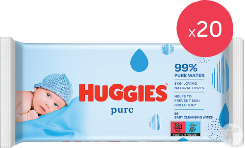 Pack de 20 Huggies Lingettes Bébé Pure 56 Pièces