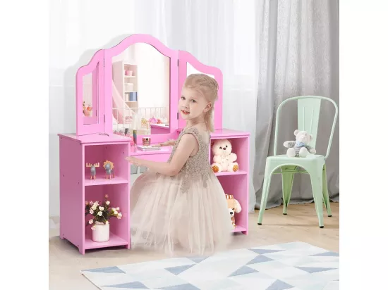 Coiffeuse pour Enfants de 3+ Ans, Ensemble Coiffeuse et Chaise avec Miroir Pliable à Trois Volets, 3 Tiroirs et 2 Boîte de Rangement, 70 x 34 x 105 cm, Rose