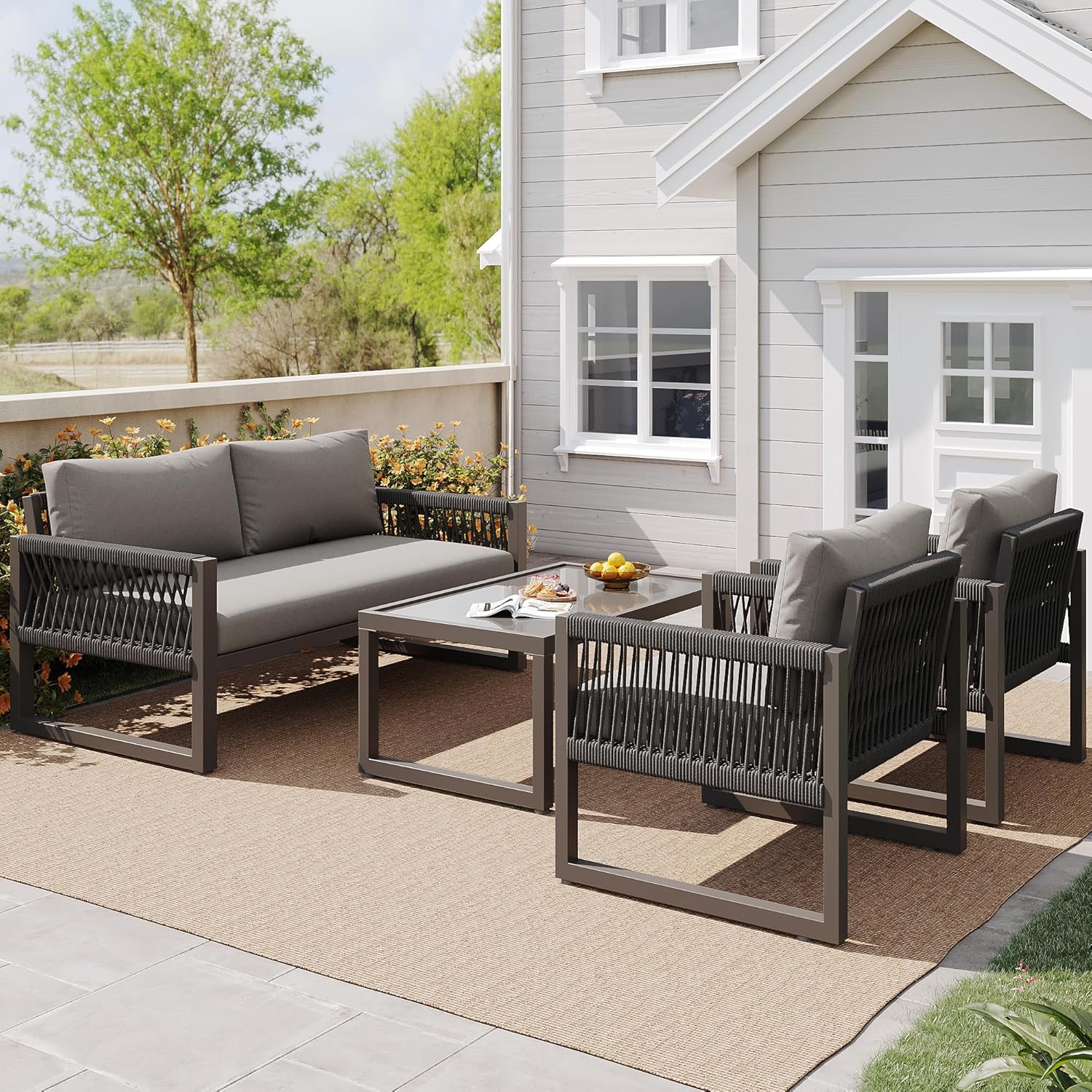 4-Sitzer-Gartenmöbel-Set mit Kissen, Seil-Lounge-Set inklusive 2-Sitzer-Sofa, 2 Sesseln und Tisch für den Außenbereich, Terrasse, drinnen (grau)