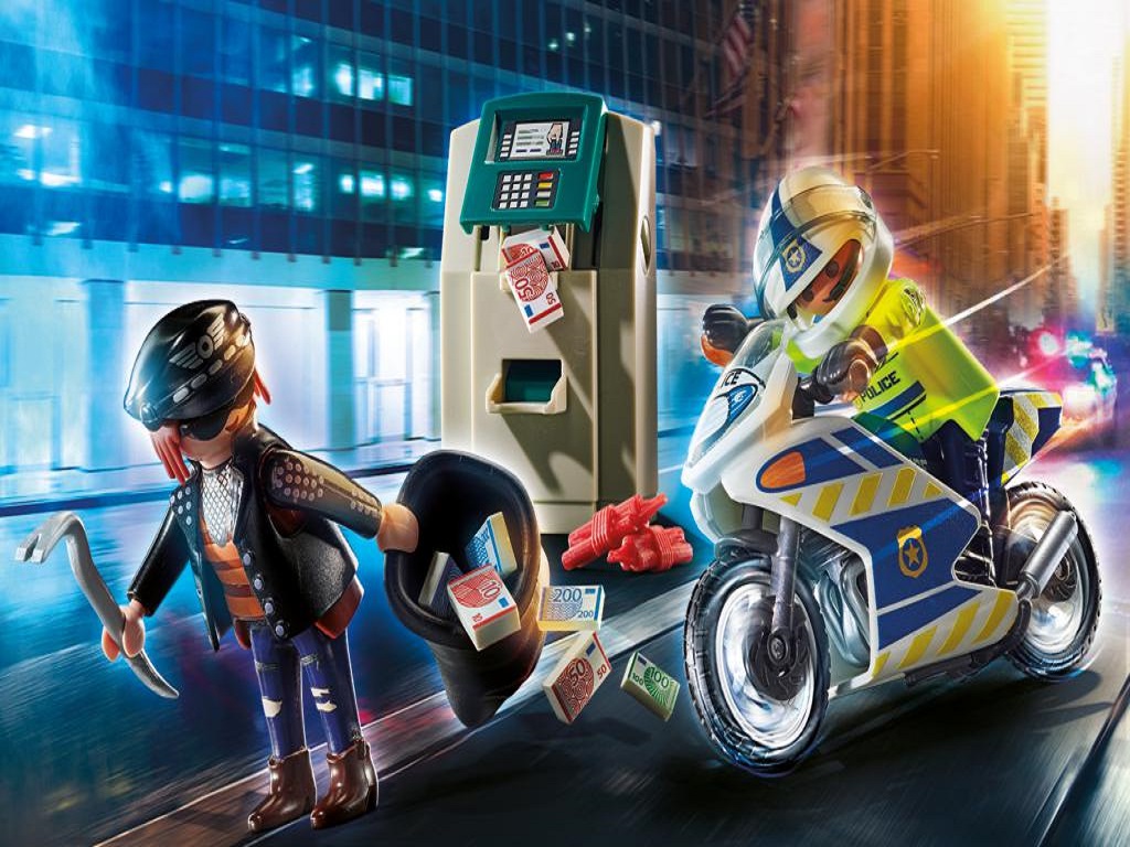 MOTO DA POLÍCIA PERSEGUIÇÃO DO LADRÃO DE DINHEIRO PLAYMOBIL