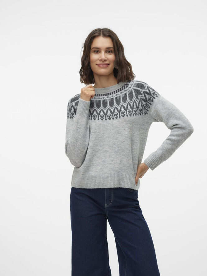 Vero Moda VMSIMONE LS NORDIC PULLOVER GA REP Light grey melange/w. dgm