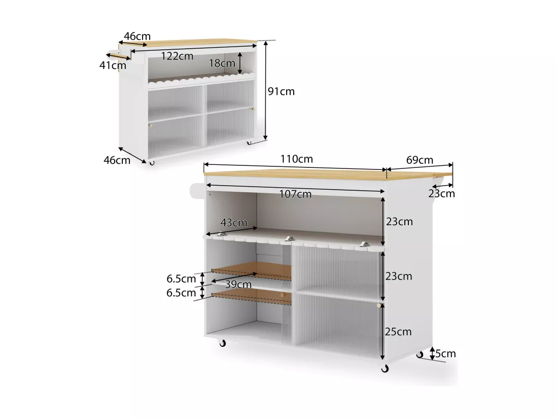Ilot central de cuisine mobile avec 2 portes coulissantes - plateau extensible - 122x46/69x91 cm - Bois MDF - Blanc + naturel
