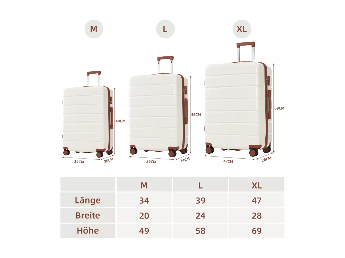 Bagage à main de 3 pièces20&24&28 pouces - en matériau ABS+PC - doubles roues pivotantes à 360° et Serrure TSA - blanc