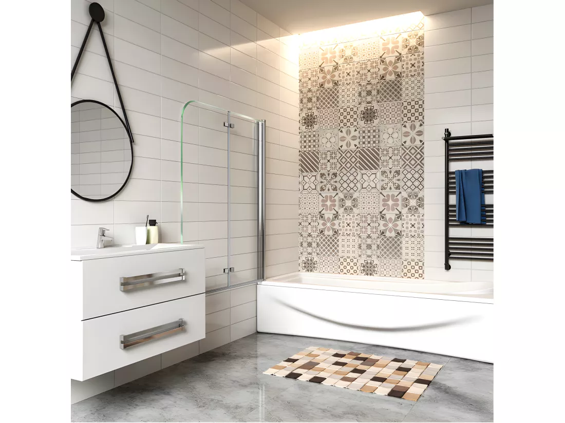 Pare-baignoire 90x140cm pivotant et pliant, paroi de baignoire, écran de douche à 2 volets en verre trempé transparent