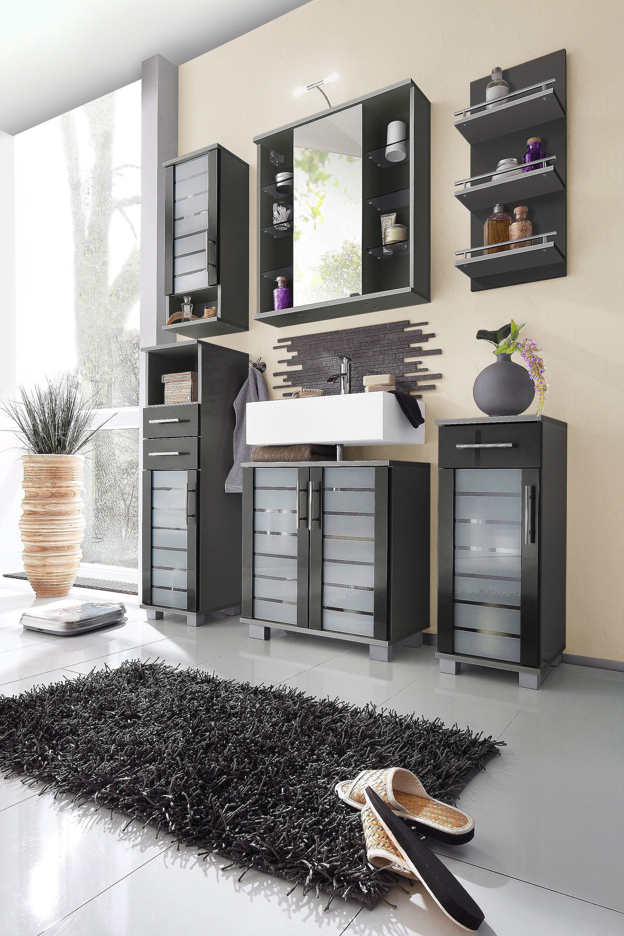 Schildmeyer Waschbeckenunterschrank »Nikosia« Höhe 64 cm, mit Glastüren, hochwertige MDF-Fronten, Metallgriffe