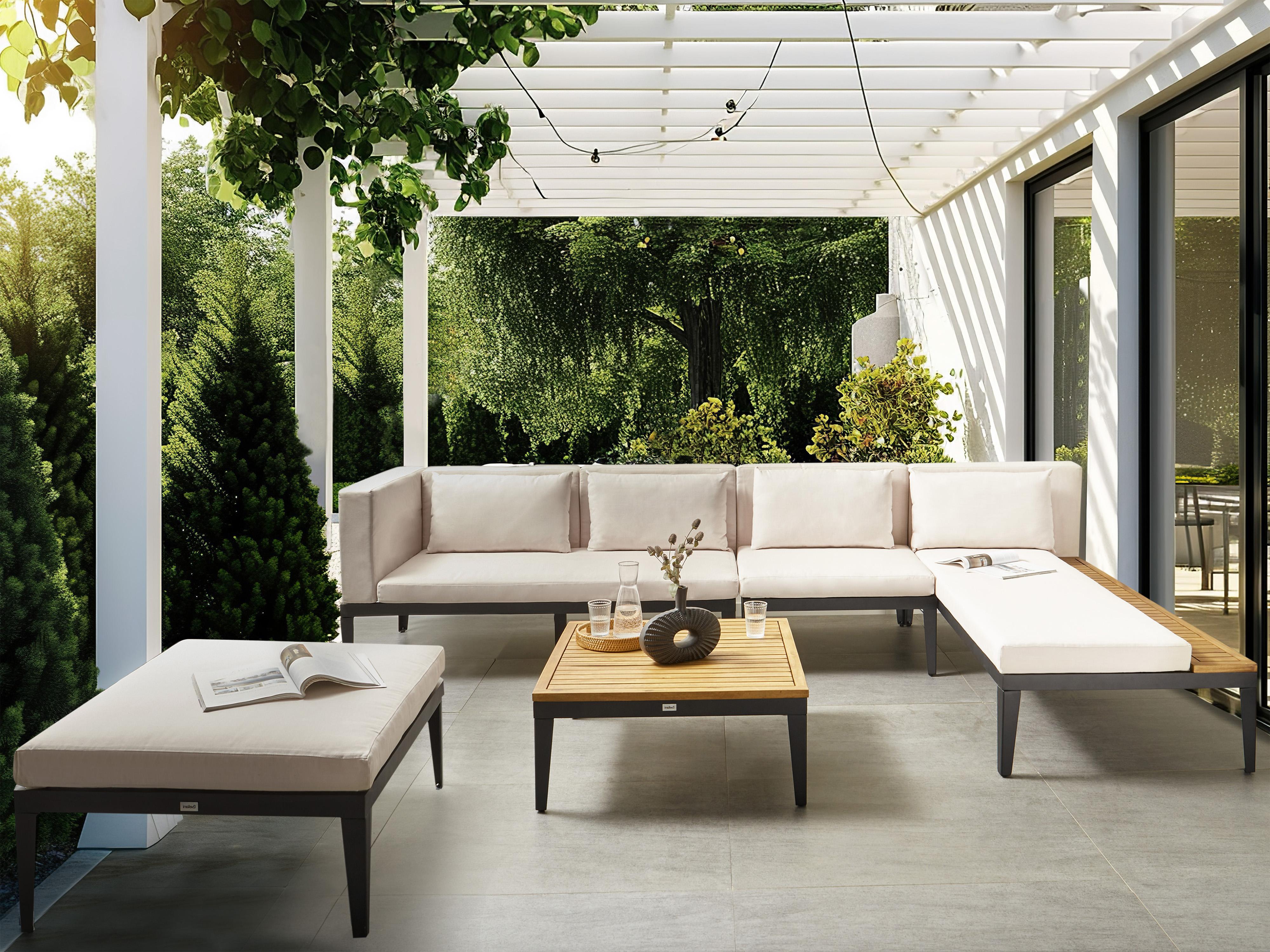 Loungeset met tafel en ottomaan 4-zits BRACCIANO linkszijdig Gecertificeerd acaciahout Lichtbeige