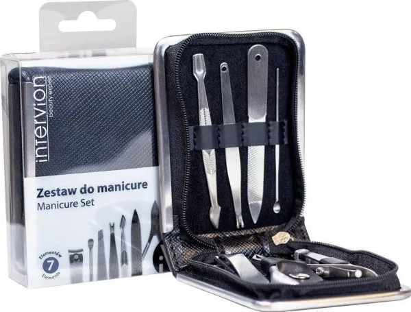 INTER-VION_SET Black Leather manicure set clipper   clippers   file   tweezers   scissors   knurl   cuticle pusher