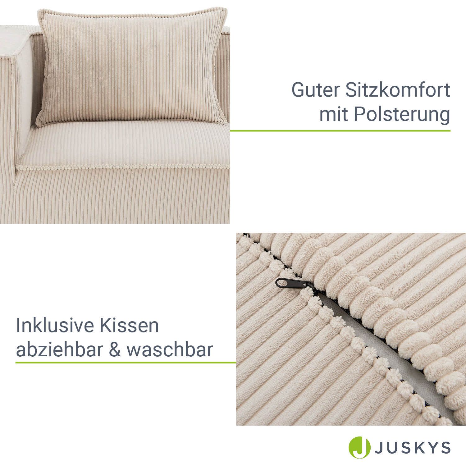 Juskys modulares Sofa Domas M - Couch Wohnzimmer - 3 Sitzer mit Lehnen & Kissen - Cord Beige